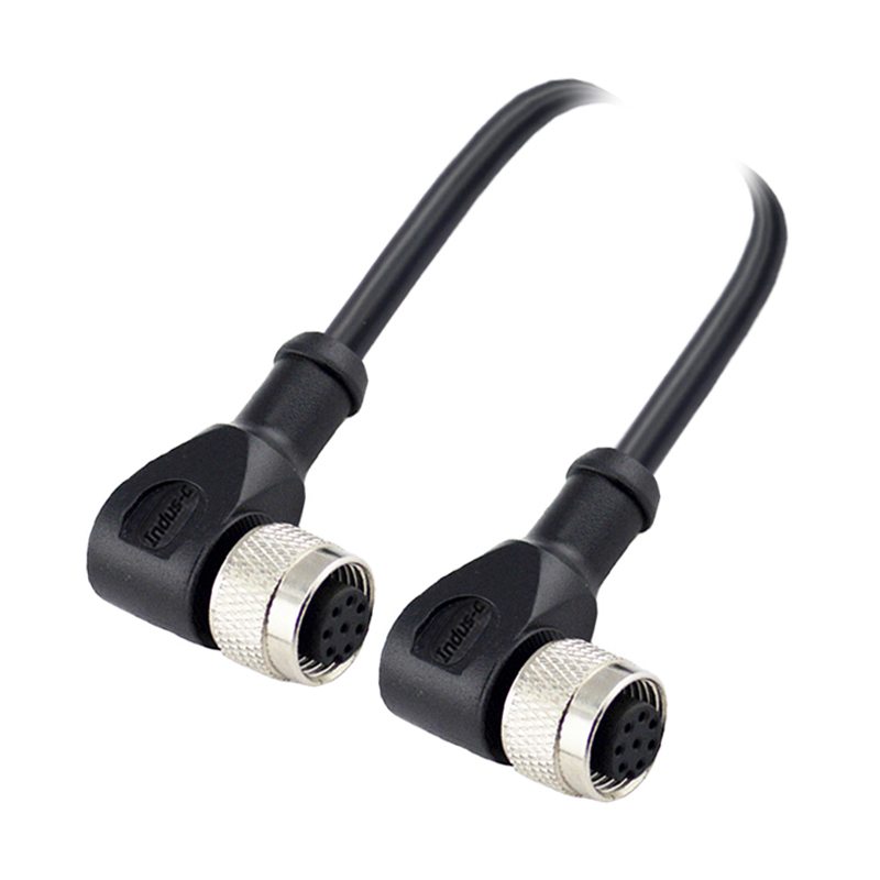 M12 8pins A code female right angle to female right angle molded cable,unshielded,PUR,-40°C~+105°C,24AWG 0.25mm²,brass with nickel plated screw